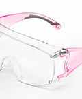 Anti Fog Safety Glasses for Men and Women with Clear Lenses and Non Slip Shields, pink frame, angled view