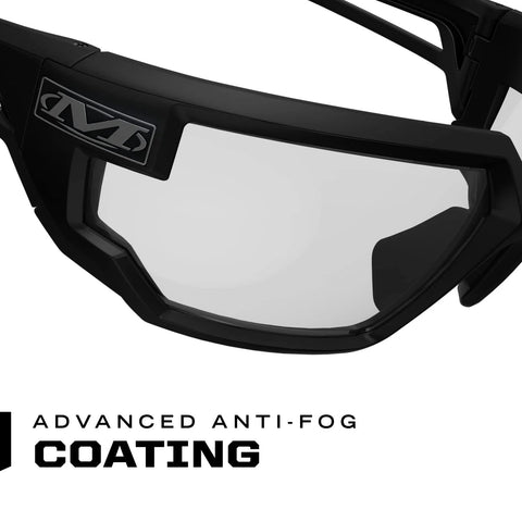 Close-up of Anti Fog Clear Lens Safety Glasses with Ventilated Temples and Scratch Resistant coating