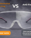 Side-by-side comparison of Anti Fog Safety Glasses for Men and Women with Clear Lenses and Non Slip Shields demonstrating anti-fog effect.