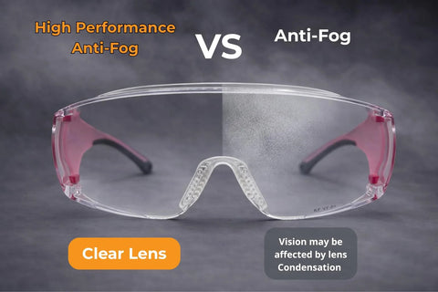 Side-by-side comparison of Anti Fog Safety Glasses for Men and Women with Clear Lenses and Non Slip Shields demonstrating anti-fog effect.