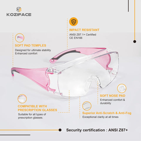 Anti Fog Safety Glasses for Men and Women with Clear Lenses and Non Slip Shields, pink temple and clear lens design