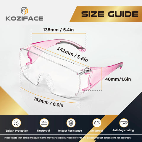 Anti Fog Safety Glasses for Men and Women with Clear Lenses and Non Slip Shields, showing size and features