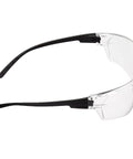 Side view of Anti Fog Safety Glasses 12 Pack With UV Protection And Scratch Resistant Lenses, clear frame with black arms.