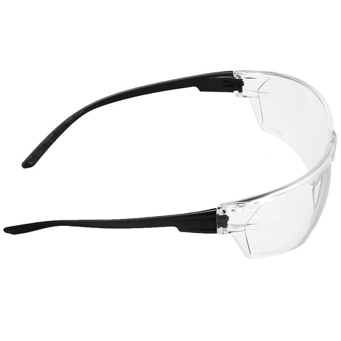 Side view of Anti Fog Safety Glasses 12 Pack With UV Protection And Scratch Resistant Lenses, clear frame with black arms.
