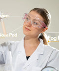 Scientist wearing Anti Fog Safety Glasses for Men and Women with Clear Lenses and Non Slip Shields in a lab setting.