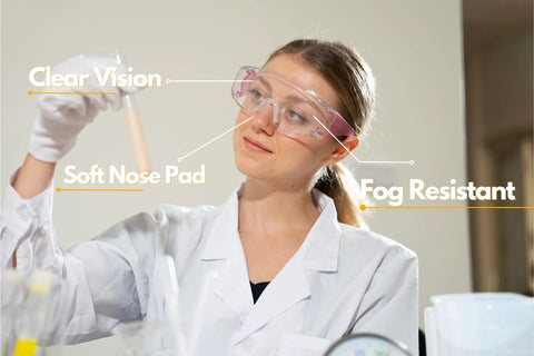 Scientist wearing Anti Fog Safety Glasses for Men and Women with Clear Lenses and Non Slip Shields in a lab setting.