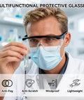 Anti Fog Safety Glasses With Clear Wraparound Lenses For Lab Work And DIY Projects, shown on a person in a laboratory setting.
