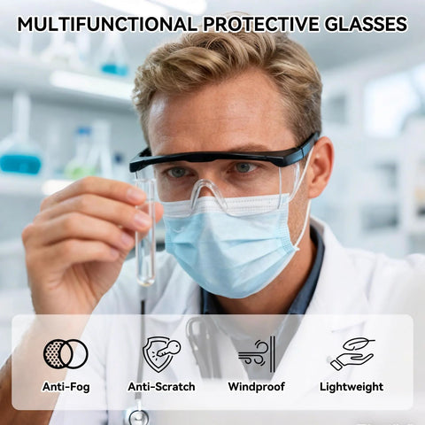 Anti Fog Safety Glasses With Clear Wraparound Lenses For Lab Work And DIY Projects, shown on a person in a laboratory setting.