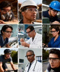 People wearing anti fog safety glasses with clear wraparound lenses for lab work and DIY projects, ideal for wood crafting, protective eyewear.