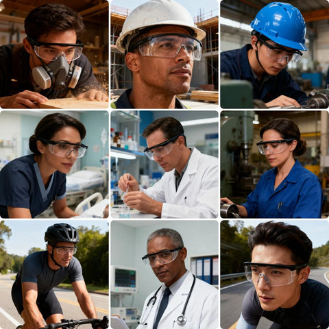 People wearing anti fog safety glasses with clear wraparound lenses for lab work and DIY projects, ideal for wood crafting, protective eyewear.
