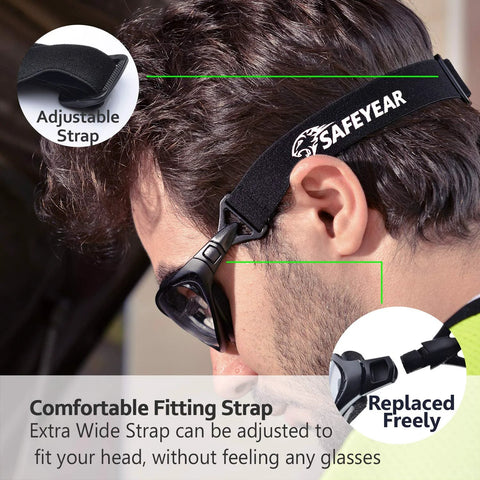 Side view of anti fog safety glasses with adjustable strap, ideal for lab work and grinding, comfortable fit, scratch resistant lenses.