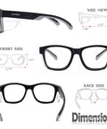 Safety Glasses With Anti Fog Lenses And Shields ANSI Z87 1 UV Protection showing front, side, and back views with dimensions