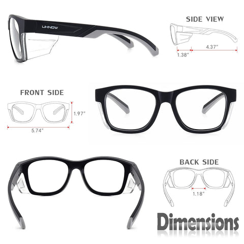 Safety Glasses With Anti Fog Lenses And Shields ANSI Z87 1 UV Protection showing front, side, and back views with dimensions