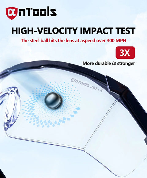 Impact test on Anti Fog Safety Glasses With Adjustable Temples ANSI Z87 Plus Clear Eyewear, showing durability with steel ball impact.
