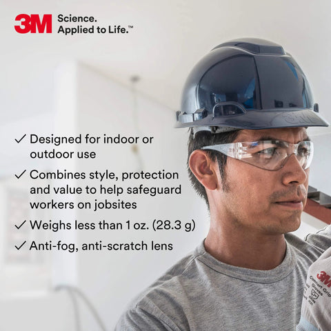 Construction worker wearing Lightweight Anti Fog Safety Glasses With Wraparound Coverage ANSI Z87 Clear Lens and hardhat indoors.