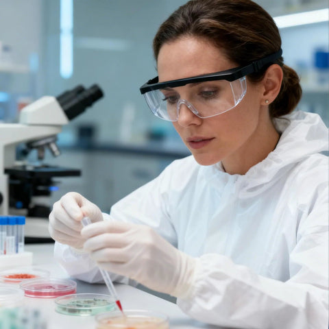Lab technician wearing Anti Fog Safety Glasses With Clear Wraparound Lenses for Lab Work And DIY Projects, conducting experiment.