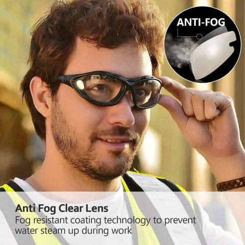 Person wearing Anti Fog Safety Glasses with Scratch Resistant Lenses for Lab Work and Grinding outdoors.