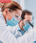 Scientists wearing anti fog safety glasses wide eye shield ANSI Z87.1 EN 166 UV protected 2 pack in a lab environment.