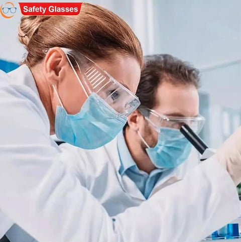 Scientists wearing anti fog safety glasses wide eye shield ANSI Z87.1 EN 166 UV protected 2 pack in a lab environment.