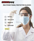 Scientist wearing 2 Pack Anti Fog Safety Glasses For Men And Women With ANSI Z87 UV Protection, holding test tube in lab.