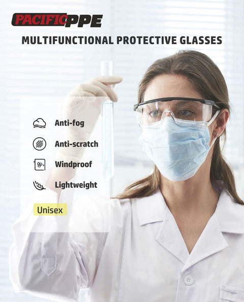 Scientist wearing 2 Pack Anti Fog Safety Glasses For Men And Women With ANSI Z87 UV Protection, holding test tube in lab.