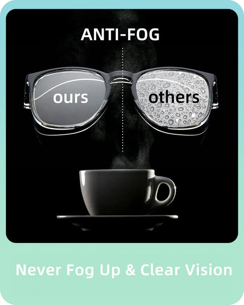 Comparison of anti-fog lenses on Oversize Anti Fog Safety Glasses For Nurses Z87.1 Certified UV Protection Pink over a steaming cup