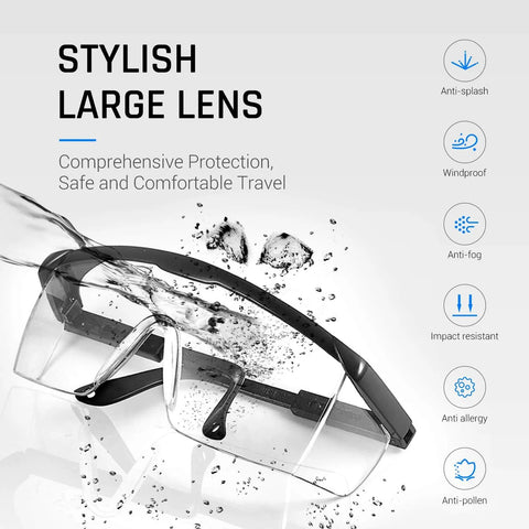 HD Anti Fog Safety Glasses Over Eyeglasses With Adjustable Frame For Protection in water splash test with durability icons