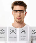 Person wearing HD Anti Fog Safety Glasses Over Eyeglasses With Adjustable Frame For Protection, highlighting anti-fog and fit features.