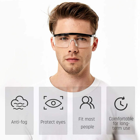 Person wearing HD Anti Fog Safety Glasses Over Eyeglasses With Adjustable Frame For Protection, highlighting anti-fog and fit features.