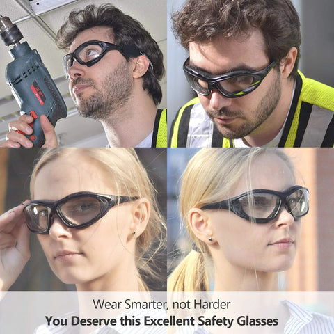 Four people wearing Anti Fog Safety Glasses With Scratch Resistant Lenses for lab work and grinding, demonstrating versatile use.