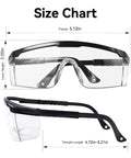 Anti Fog Safety Glasses With Clear Wraparound Lenses For Lab Work And DIY Projects size chart and dimensions
