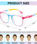 Three Pack Anti Fog Safety Glasses ANSI Z87 High Impact Blue Light Lenses with size guide, rainbow-colored frames and clear lenses.