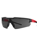 Side view of Anti Fog Safety Glasses with Tinted Lens for UV Protection and Glare Reduction, featuring a black frame with red accents.