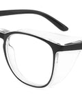 Anti Fog Safety Glasses TR90 Frame With UV 99 Percent And Blue Light Blocking, side view showing clear poly lenses and black frame.