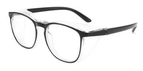Anti Fog Safety Glasses TR90 Frame With UV 99 Percent And Blue Light Blocking, side view showing clear poly lenses and black frame.