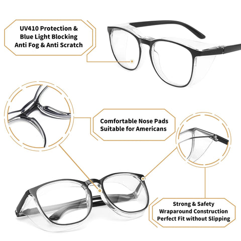 Anti Fog Safety Glasses TR90 Frame With UV 99 Percent And Blue Light Blocking, showing comfortable nose pads and wraparound design