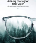 Anti Fog Safety Glasses TR90 Frame With UV 99 Percent And Blue Light Blocking in forest background emphasizing anti-fog feature.