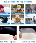 Comparative image of anti-fog lenses versus ordinary lenses in various activities like cycling and mountaineering, showing fog-free vision.
