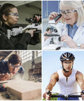 Various people wearing Anti-Fog Safety Glasses With UV Protection And Adjustable Arms ANSI Z87.1 in different work settings.