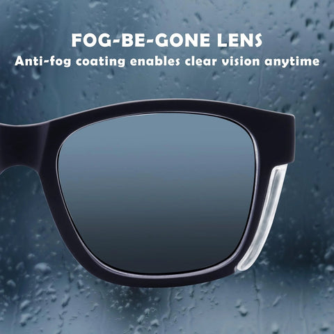 Close-up of Safety Glasses With Anti Fog Lenses And Shields ANSI Z87 1 UV Protection in rainy background.