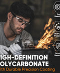 Man using grinder while wearing Anti-Fog Safety Glasses With UV Protection And Adjustable Arms ANSI Z87.1