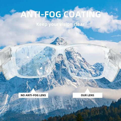 Removable Side Shield Safety Glasses With UV400 Anti Fog Lenses For Work showcasing clear sight in snowy mountain landscape.
