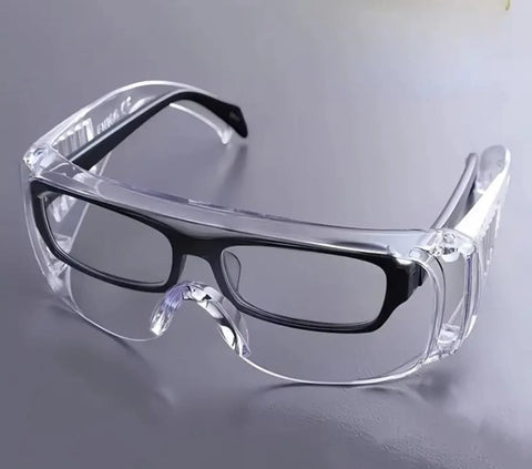 Anti Fog Safety Glasses Wide Eye Shield ANSI Z87.1 EN 166 UV Protected 2 Pack, clear polycarbonate with black trim.