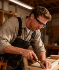 Man wearing Anti Fog Safety Glasses With Clear Wraparound Lenses for lab work and DIY projects, working on woodworking task.