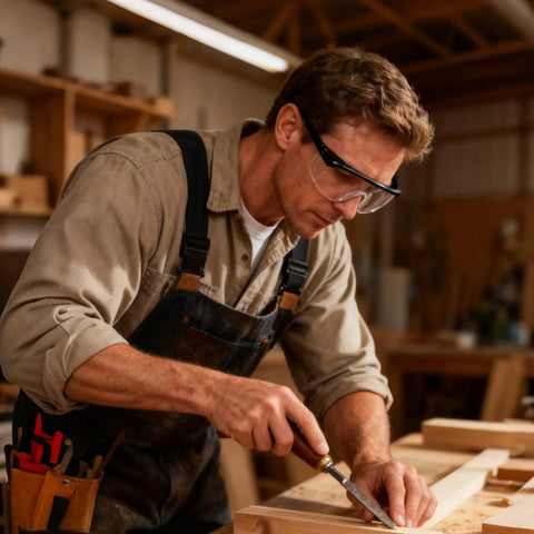 Man wearing Anti Fog Safety Glasses With Clear Wraparound Lenses for lab work and DIY projects, working on woodworking task.