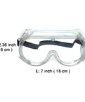 Front view of Anti Fog Safety Goggles 6 Pack Adjustable Soft Frame Over Prescription Glasses, dimensions labeled, clear frame.