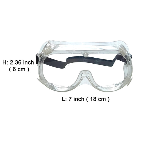 Front view of Anti Fog Safety Goggles 6 Pack Adjustable Soft Frame Over Prescription Glasses, dimensions labeled, clear frame.