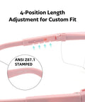 Close-up of pink Anti Fog Safety Goggles 2 Pack With Adjustable Temples And Clear Lens ANSI Z87.1 showing custom fit adjustment.