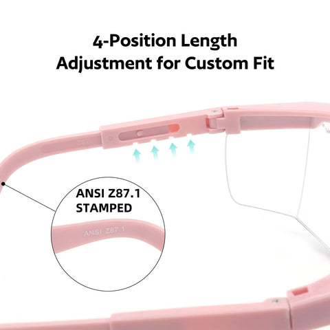 Close-up of pink Anti Fog Safety Goggles 2 Pack With Adjustable Temples And Clear Lens ANSI Z87.1 showing custom fit adjustment.