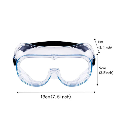 Front view of Two Pack Anti Fog Safety Goggles with Adjustable Fit and Lightweight Lenses with dimension markers.